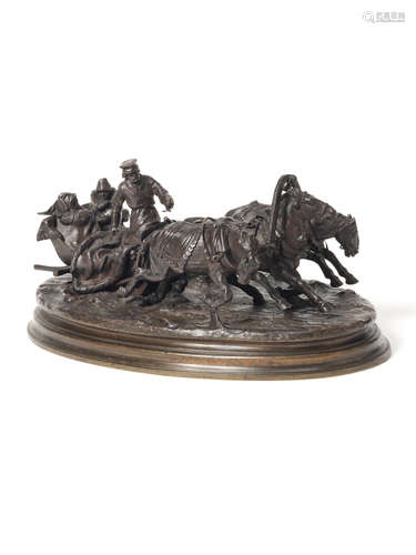 A Russian patinated bronze figural group of a couple in a horse-drawn troika probably 19th century and cast by C.F. Woerffel from the model by Vassili Grachev