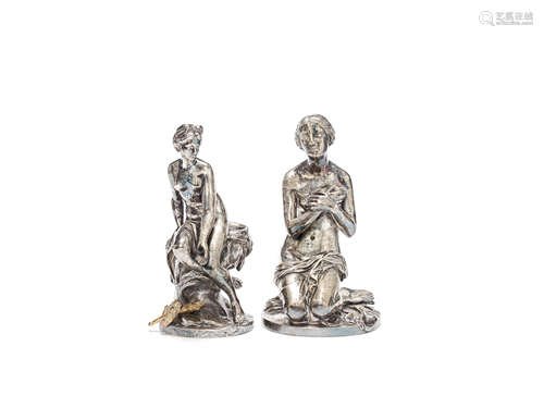 After Jean Louis Nicolas Jaley (French, 1802-1866): Two 19th century silvered bronze figures of nude maidens the first with Barbedienne foundry mark