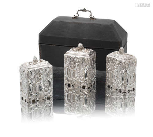 A cased George II silver tea caddy set Thomas Gilpin, London 1752