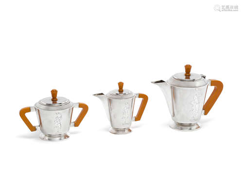 An Art Deco silver three-piece tea or coffee service Indian circa 1940, marked 'SILVER' (3)