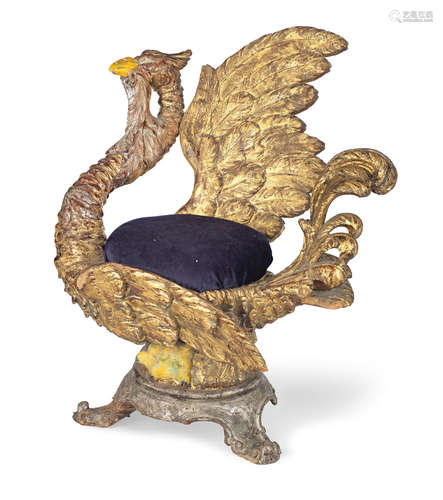 An Italian late 19th century giltwood, silvered and painted stool in the form of a phoenix probably Venetian