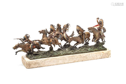 Carl Kauba (Austrian, 1865-1922): A rare cold painted bronze equestrian model of five Native American warriors crossing a river