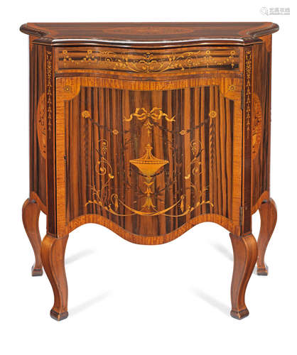 A late Victorian zebrawood, satinwood, purplewood and marquetry serpentine commode