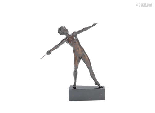 After Professor Otto Poertzel (German, 1876-1963): A patinated bronze figure of a nude female javelin thrower circa 1925