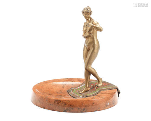 After Franz Xaver Bergman(Austrian, 1861-1936): An early 20th century a cold painted and gilt bronze and marble figural ashtray