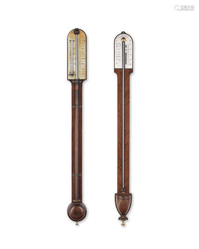 Two early 19th century mahogany stick barometers the first signed Abraham, Bath, the second Hoppe Manufacture, Little Minories London