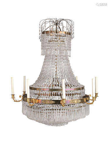 A French late 19th century gilt bronze and cut-glass eight-light tent and waterfall chandelier in the Empire taste