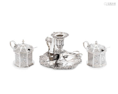 A George silver chamberstick John Settle & Henry Wilkinson, Sheffield 1829; together with two mustard pots