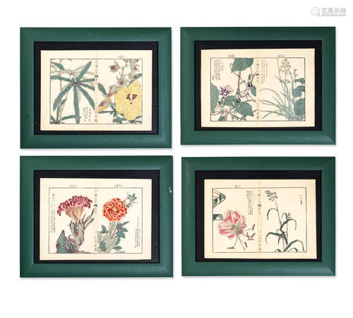 A set of twelve framed Japanese coloured woodcut illustrations