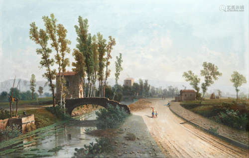 Raimondo Scoppa (Italian, born 1820) Italianate landscape with figures on a riverside road