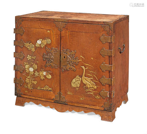 A Japanese export late 17th/early 18th century copper mounted and ivory inset part-lacquered camphorwood cabinet