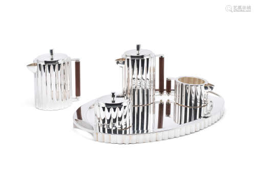 An Italian 'Cannete' design five-piece silver tea and coffee service including tray Cleto Munari, designed in 1994, silver and mahogany, underside stamped with designer's signature, 'MADE IN ITALY, 925'