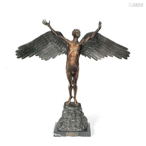 A 1930s Austrian or German patinated bronze figure of Icarus signed Furst with contemporary presentation plaque to Otto Lilienthal, dated 1935