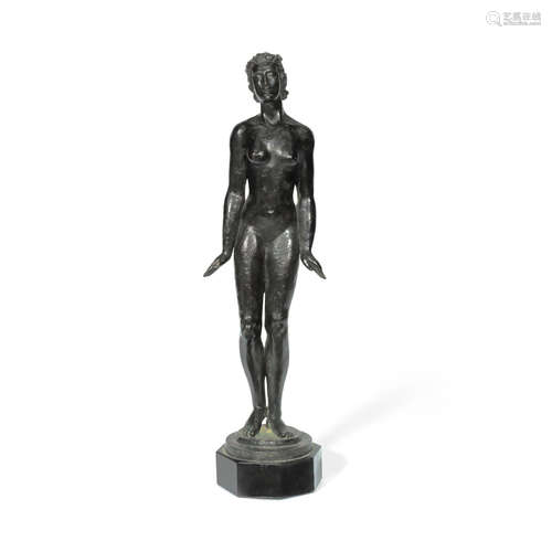 A early 20th century patinated bronze figure of a female nude, possibly Scandinavian, initialled R.L and dated 1934