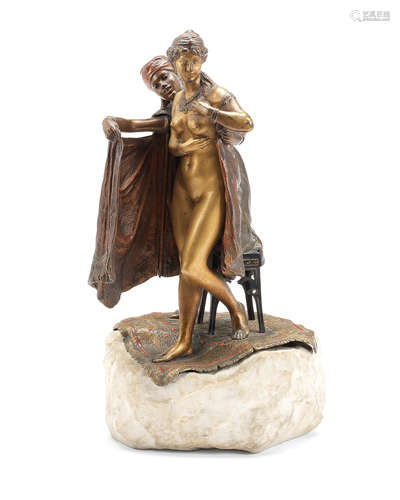 After Frans Xaver Bergman (Austrian, 1861-1936): An early 20th century cold painted bronze metamorphic Orientalist erotic figural group