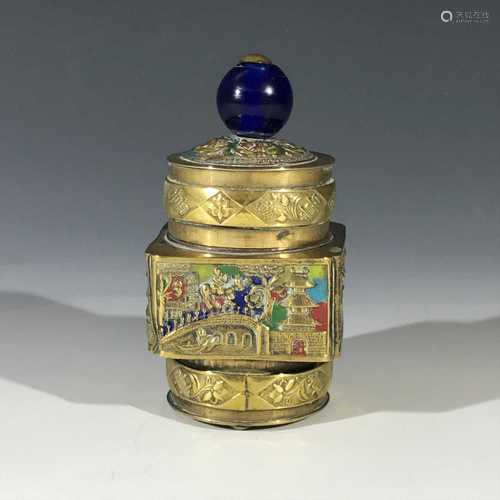 A Chinese brass and enamel jar, circa 1920, the cover surmounted by a peking blue glass finial,