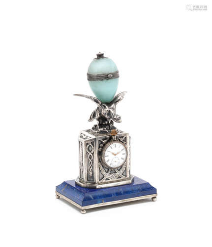 A Russian silver and hardstone timepiece with pseudo marks for Ivan Britzin, St Petersburg