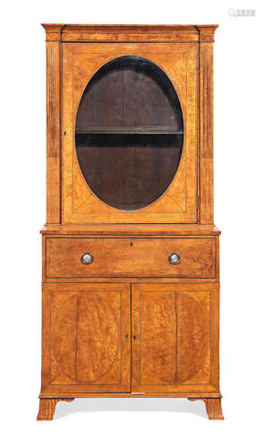 A George III satinwood, rosewood crossbanded and purple wood secretaire display cabinet