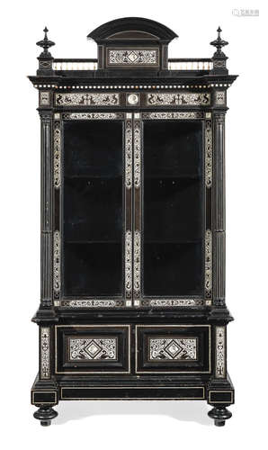 An Italian late 19th century Renaissance revival ivory marquetry ebony and ebonised display cabinet