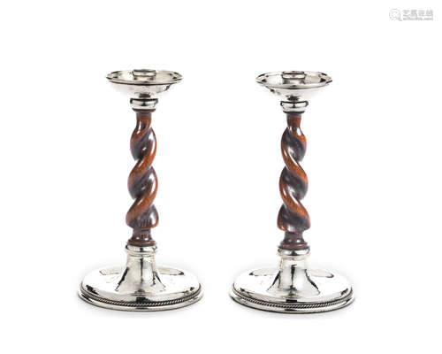 A pair of silver and wood candlesticks Albert Edward Jones, Birmingham 1920