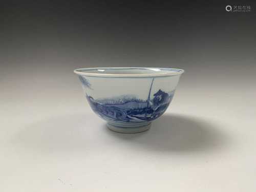 A Chinese blue and white porcelain bowl, 17th century, signed, the exterior with a water buffalo