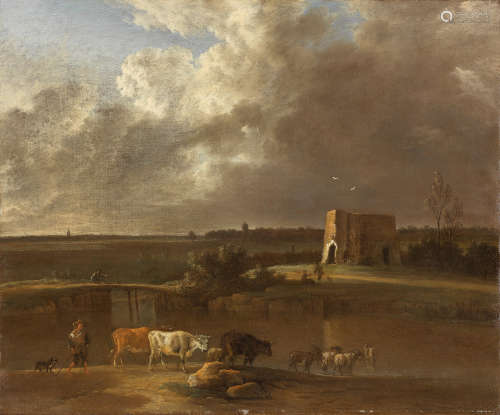 Attributed to Jan Vincentsz. van der Vinne (Haarlem 1663-1721) A drover with his flock crossing a river