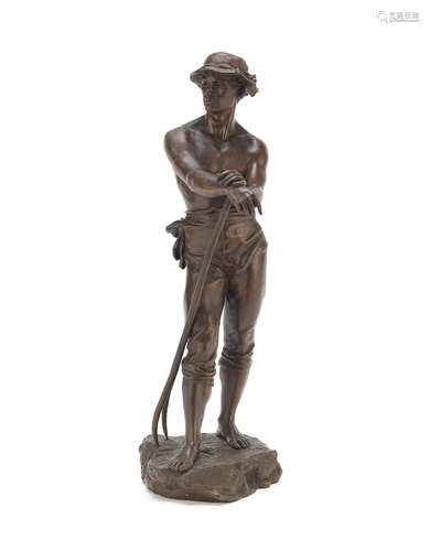 After Charles Octave Levy (French, 1820-1899): A late 19th/early 20th century patinated bronze figure of a farm labourer entitled 'Le Faneur'