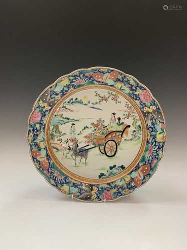 A Chinese Canton famille rose charger, late 19th century, signed, with figures and cart in