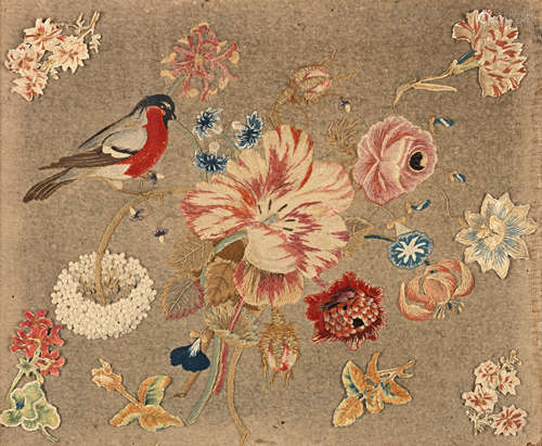 A silk and wool embroidered and appliqued felt panel depicting a bull finch and a floral bouquet parts 18th century and later