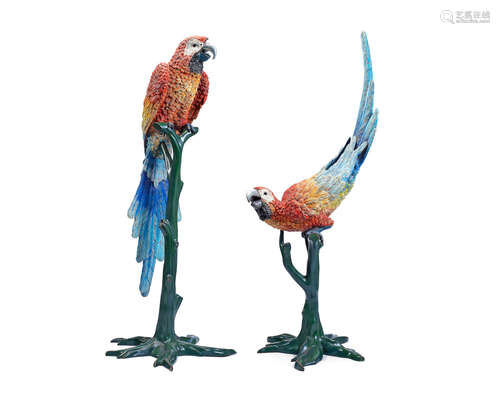 A pair of very impressive cold painted bronze floor-standing models of parrots in the Austrian style