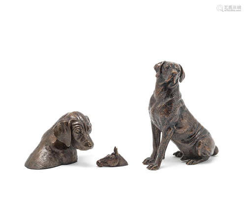 Sally Arnup (British, b. 1930): Three patainated bronze animalier studies compsing a bronze model of a great dane together with a puppy's head and a miniature horses head