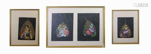 Four Indian paintings on leaves, in three gilt frames, size of double frame 34 x 47.5cm.