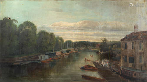 English School (19th century) River scene with figures rowing - possibly Henley