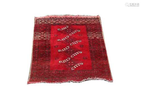 An Afghan rug, the madder field with four hooked guls, within multiple borders, 128 x 95cm.