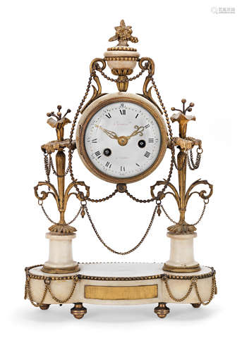 An 19th century French gilt bronze and white marble mantel clock the dial signed Crozier A Paris