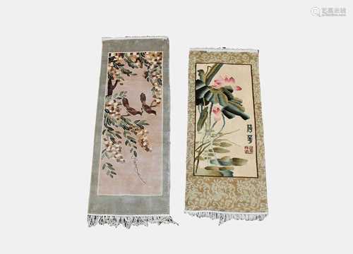 Two Chinese rugs, one with calligraphy and seal mark, 123 x 47cm and 110 x 46cm.