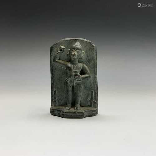 An early Indian carved black stone stele, 14.4 x 8.5cm.