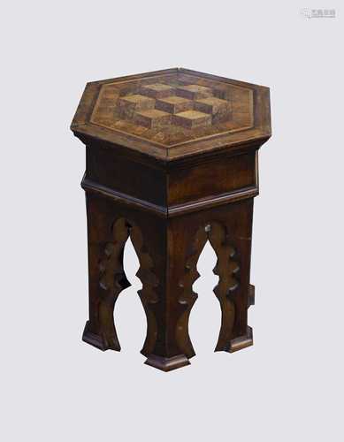 An Islamic hexagonal occasional table, circa 1900, with marquetry inlaid top, height 45cm, width