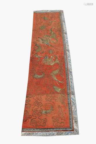 A Chinese silk embroidered and gold metal thread altar cloth, 19th century, the red ground with