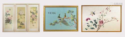 Two Chinese silk embroidery pictures of birds and flowering branches, framed and glazed, 40.5 x 55.