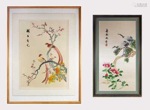 Two Chinese silk embroidered pictures, each decorated with birds perched on a branch, black