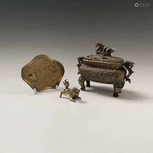 A Chinese bronze censor, Xuande mark, height 12.5cm, width 15cm, a Japanese pin tray and a model