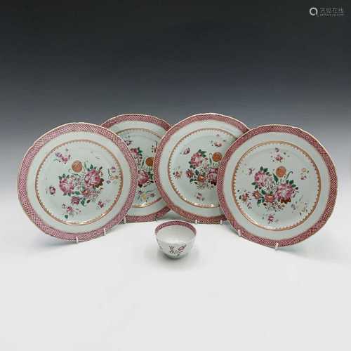 A set of four Chinese famille rose export plates, 18th century, diameter 23.5cm and a similar tea