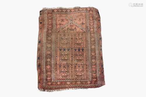 An Afghan prayer rug, the camel field with a mihrab enclosing mosques within a brown hooked gul