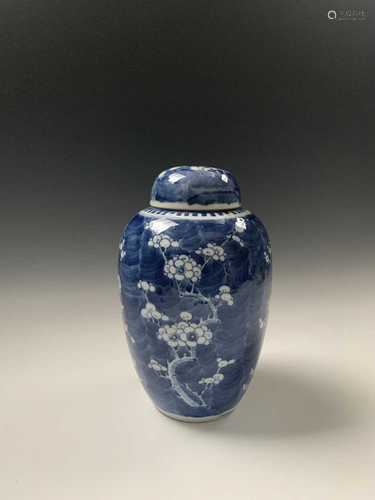 A Chinese blue and white prunus pattern jar and cover, early 20th century, height 26cm, width 15cm.