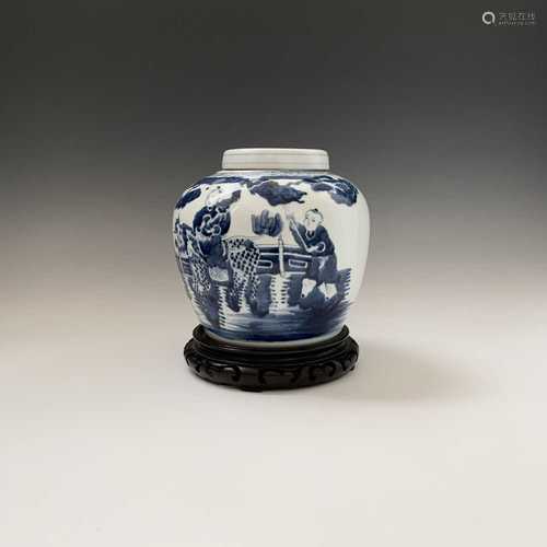 A Chinese blue and white ginger jar, with figures in a garden setting, height 19.5cm, complete