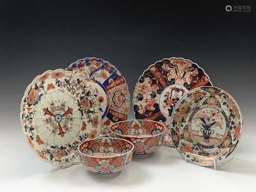 Three Japanese Imari chargers, 19th century, largest 31.5cm, a Japanese Imari dish, 24.5cm and two