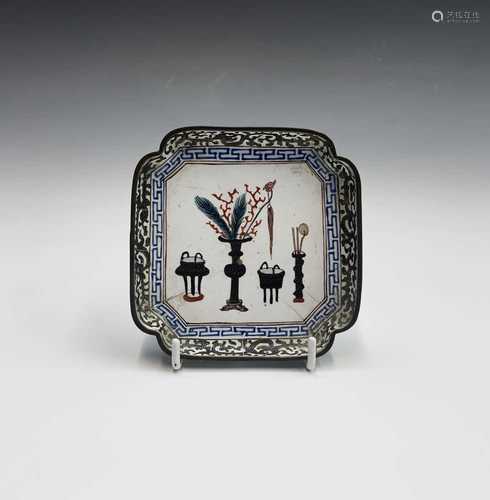 A Chinese Canton enamel tray, 18th century, the white ground with a vase flanked by stands and