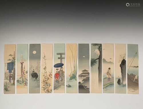 Eleven Japanese unframed watercolours, early 20th century, 32.6 x 7.4cm.