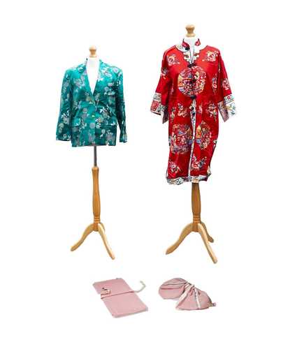 A Chinese red silk embroidered robe, length 104cm, width 128cm, a Chinese emerald green silk